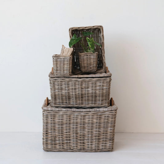 Hand-Woven Rattan Trunks w/ Handles & 3 Nested Baskets, Set of 5