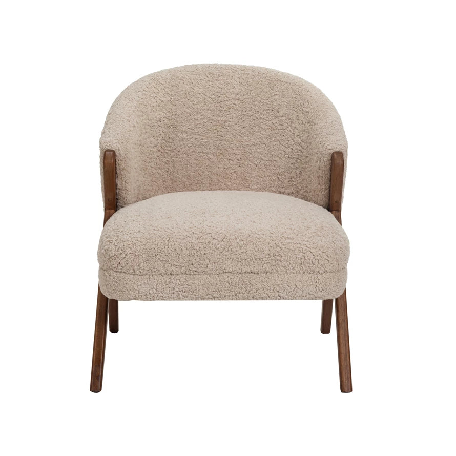 Bouclé Fabric Upholstered Chair w/ Rubberwood Legs