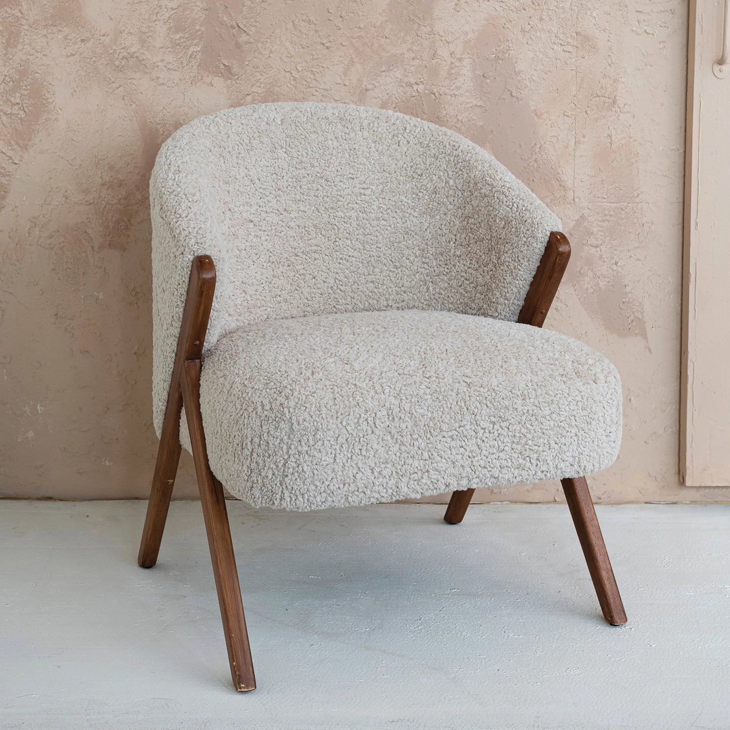 Bouclé Fabric Upholstered Chair w/ Rubberwood Legs