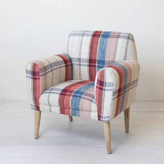 Woven Cotton Upholstered Arm Chair w/ Mango Wood Legs