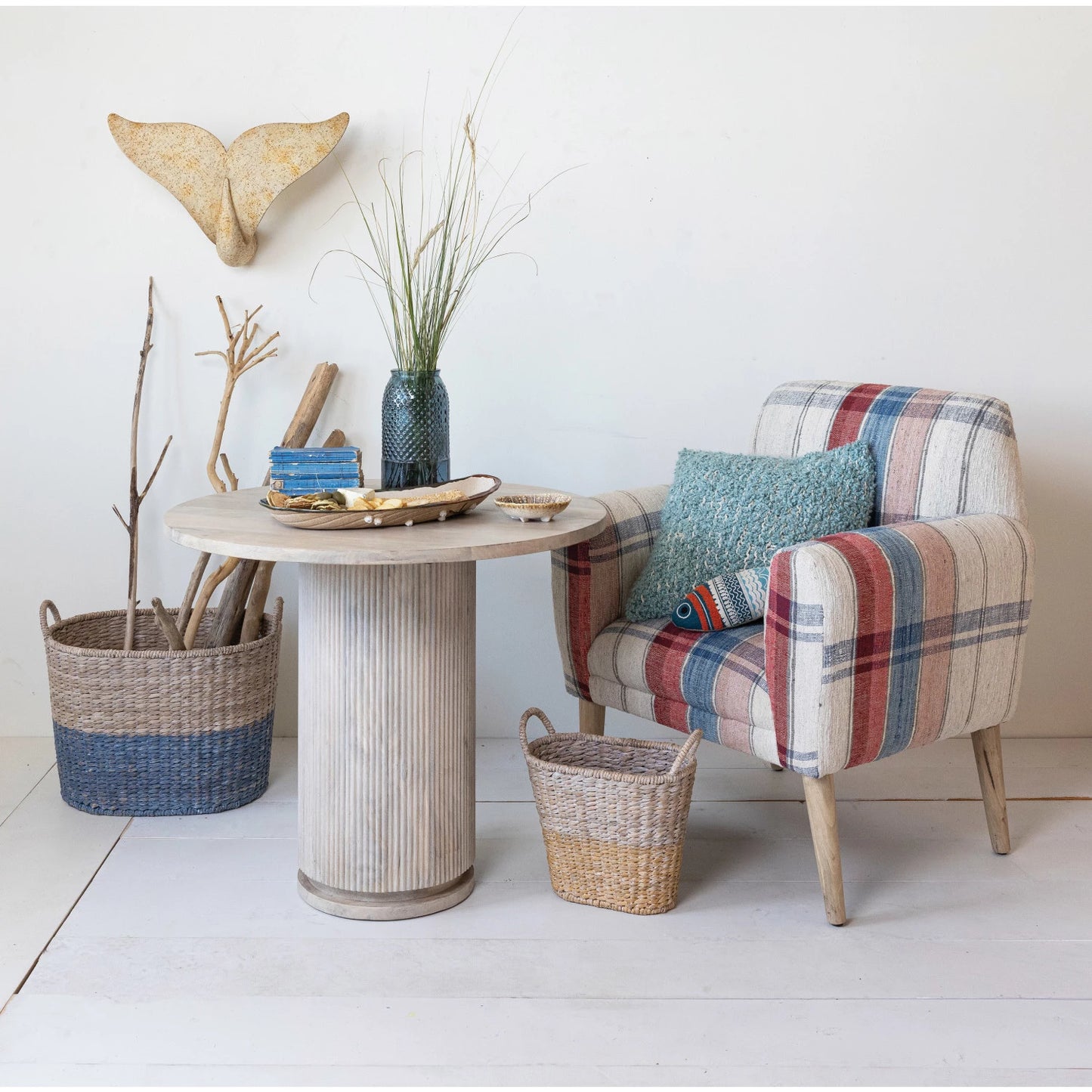 Woven Cotton Upholstered Arm Chair w/ Mango Wood Legs