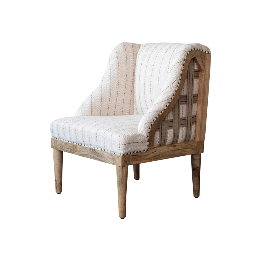 Woven Cotton Upholstered Striped Chair w/ Mango Wood Legs