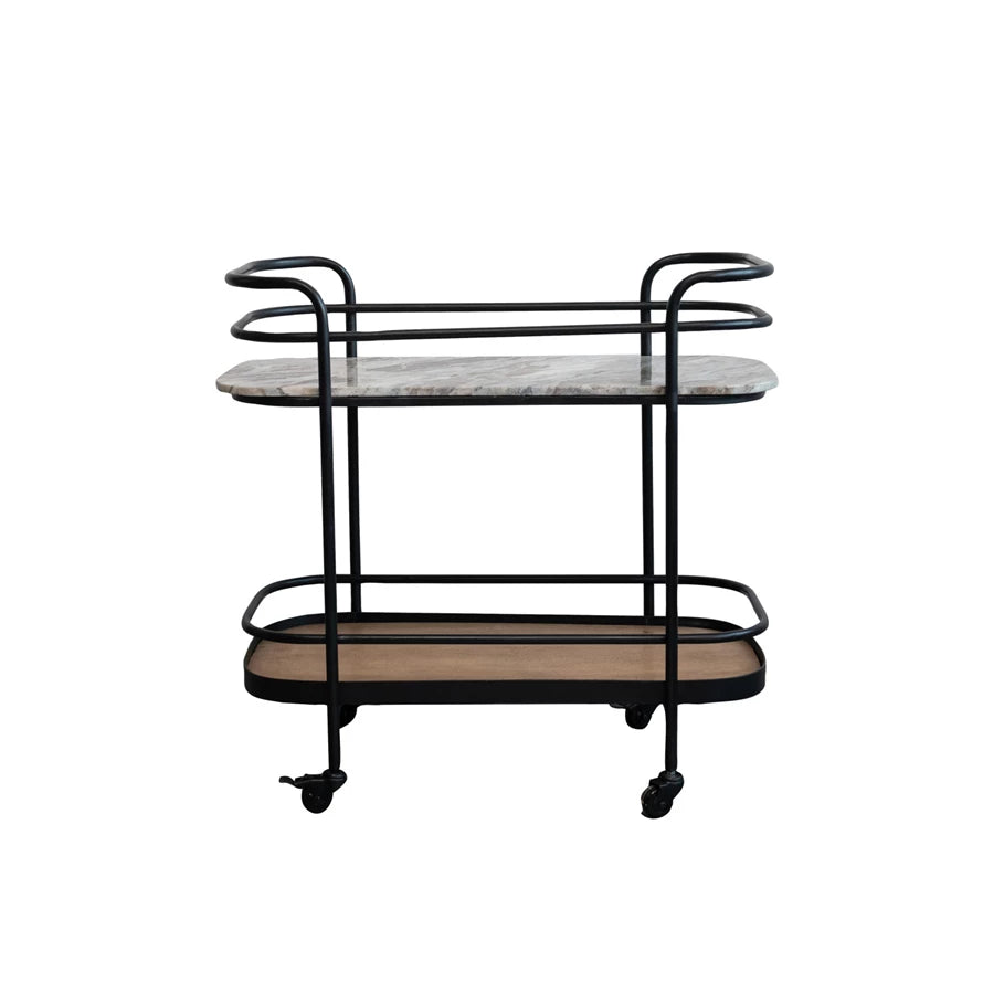 Metal, Marble & Mango Wood 2-Tier Bar Cart on Casters