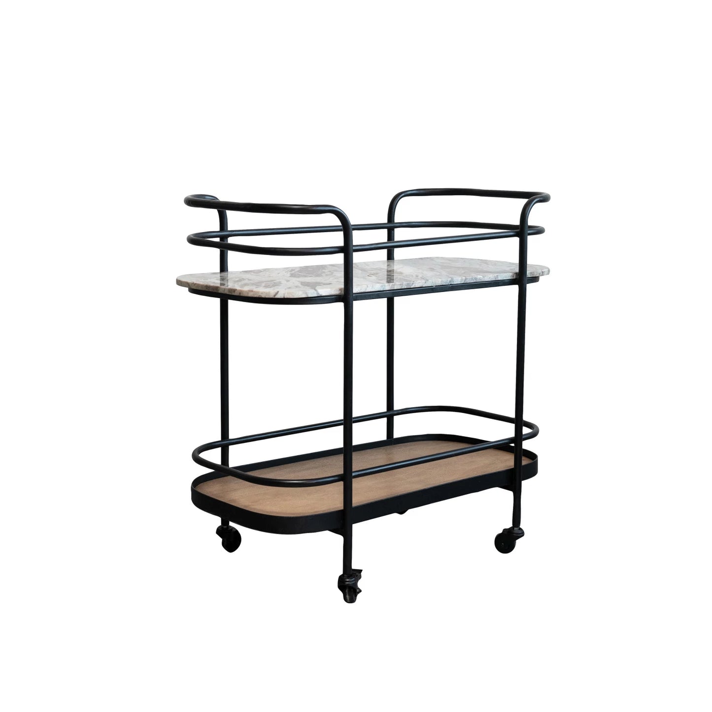 Metal, Marble & Mango Wood 2-Tier Bar Cart on Casters