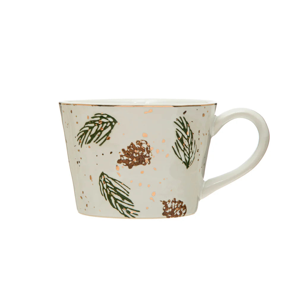 Stoneware Mug w/ Wax Relief Pinecones, Pine Boughs & Gold Electroplating