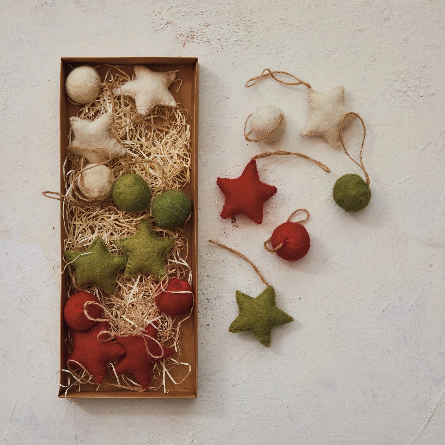 Handmade Wool Felt Ball/ Star Ornaments in Kraft Box, Set of 18