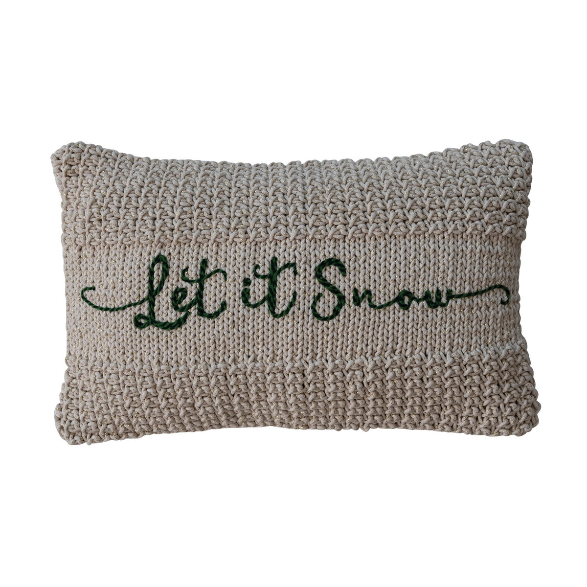 Cotton Knit Macrame Lumbar Pillow with Metallic Gold Thread Embroidery "Let It Snow"
